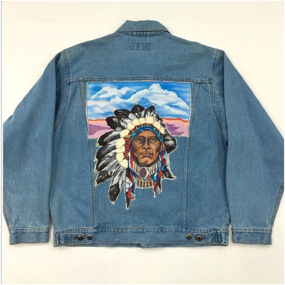 Wrangler Other - WRANGLER‎ Denim Jacket Mens Size 2XL Blue Indian Chief Native Hip Hop
